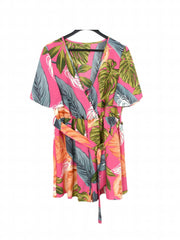 Boho Floral Print Belted Jumpsuit Flutter Sleeve Deep V Neck Casual Jumpsuit