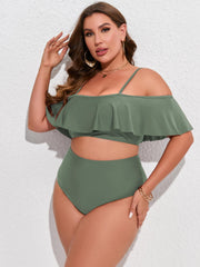 Solid Ruffle Trim Layered Crop Top Two Piece Swimsuit Set