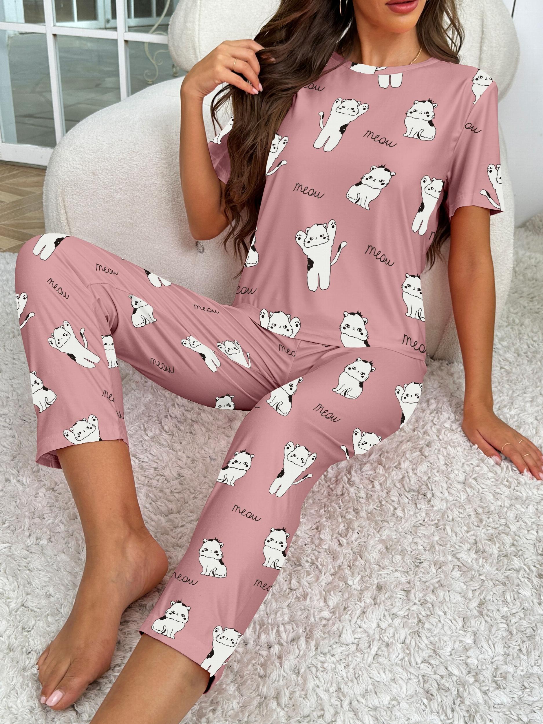 Cartoon Cat Print Pajama Set Short Sleeve Top & Pant