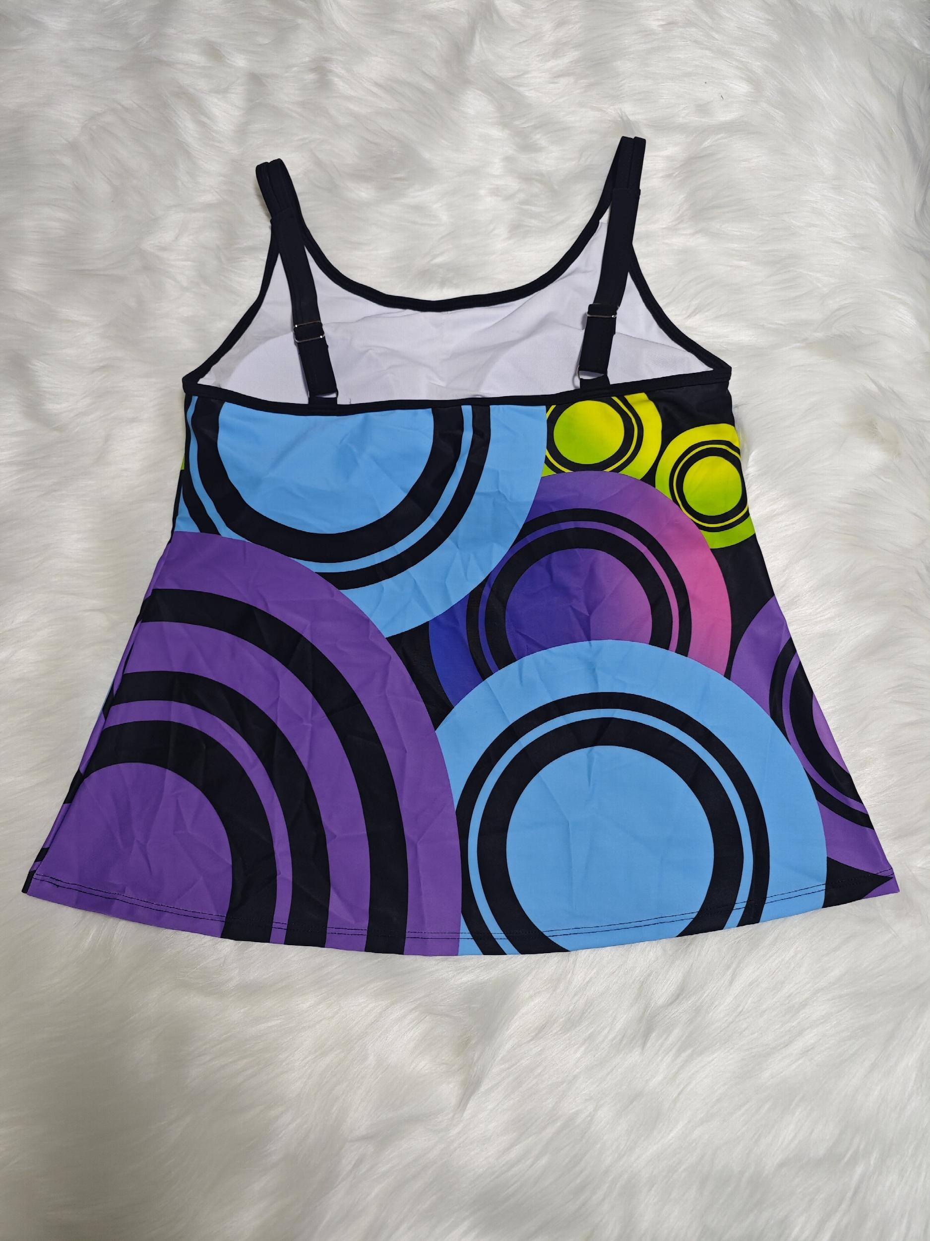 Retro Tankini Set Women's Plus Geo Print Round Neck Cami Top & Shorts