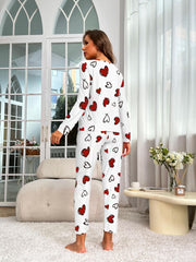 Heart Print Pajama Set Long Sleeve Crew Neck Top & Elastic Waistband Pants