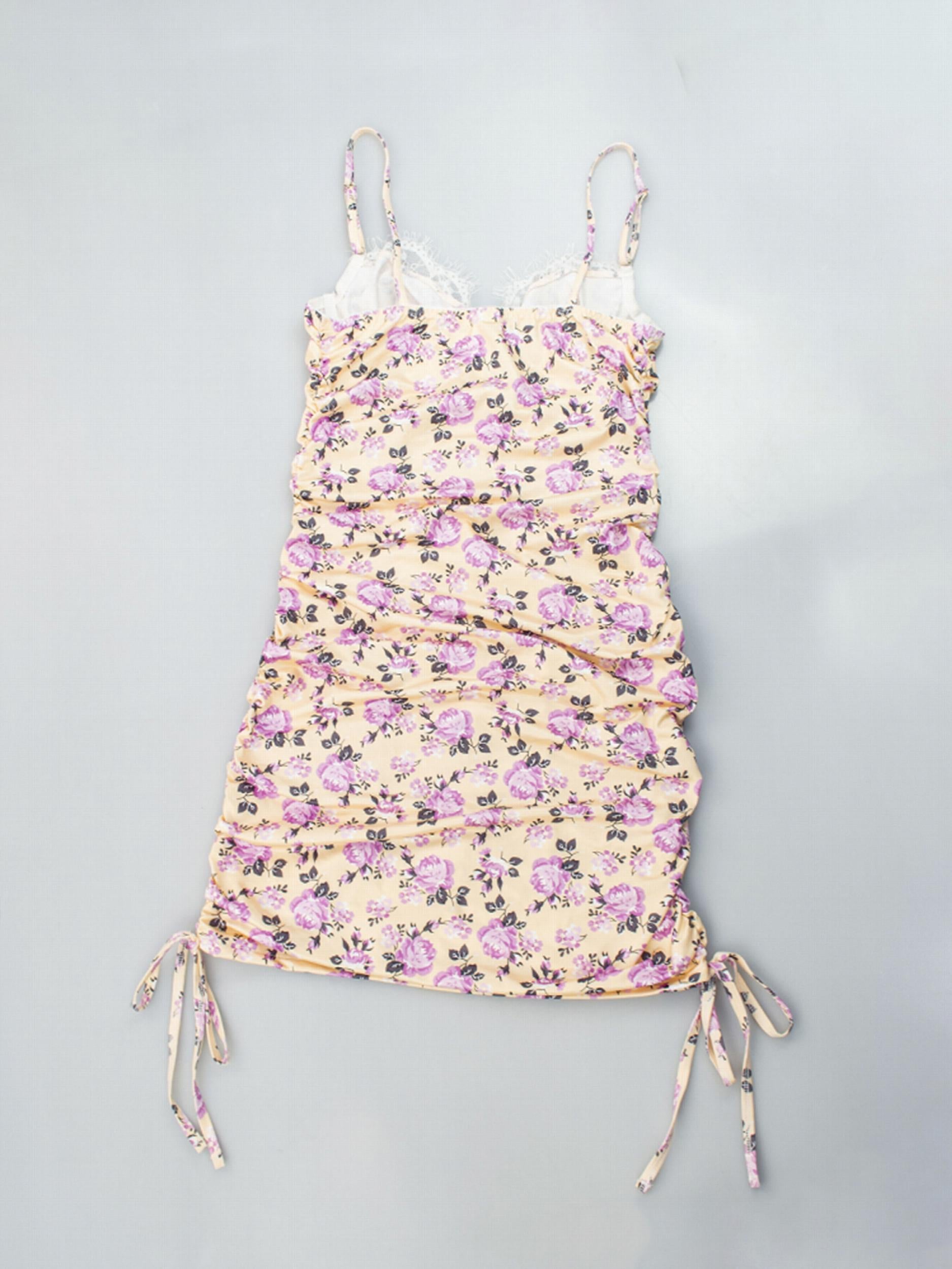 Floral Print Nightdress Lace Trim Ruched Sleep Dress