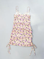 Floral Print Nightdress Lace Trim Ruched Sleep Dress