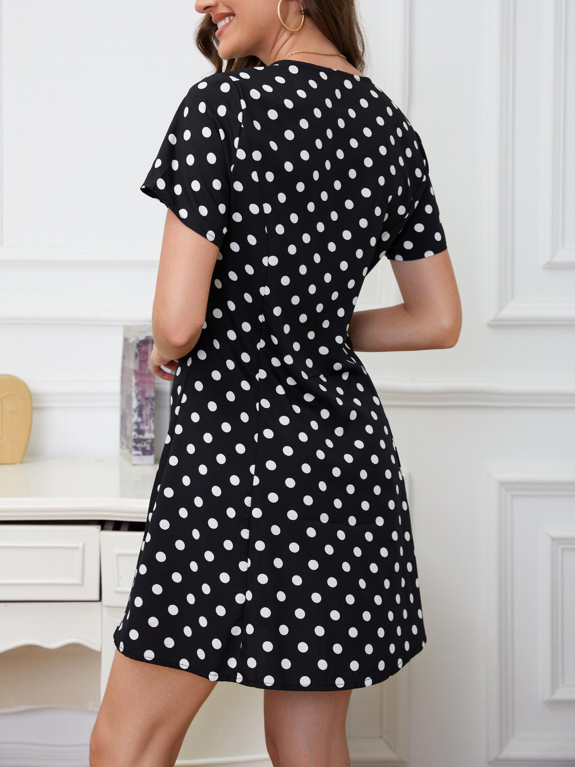 Polka Dot Button Front Dress V Neck Short Sleeve Casual Dress