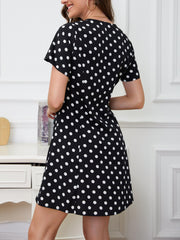 Polka Dot Button Front Dress V Neck Short Sleeve Casual Dress