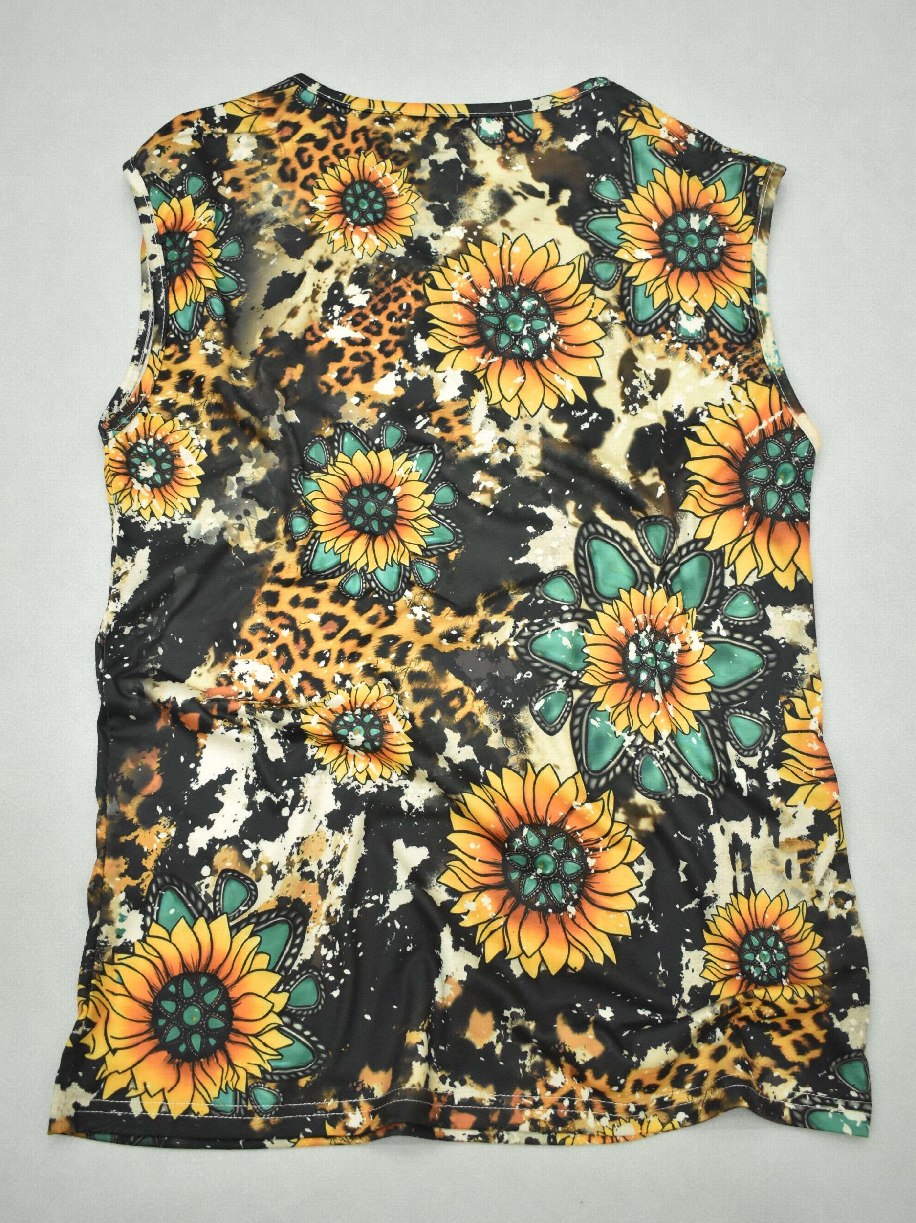 Sunflower & Letter Print V Neck Tank Top - Summer Sleeveless Casual Top