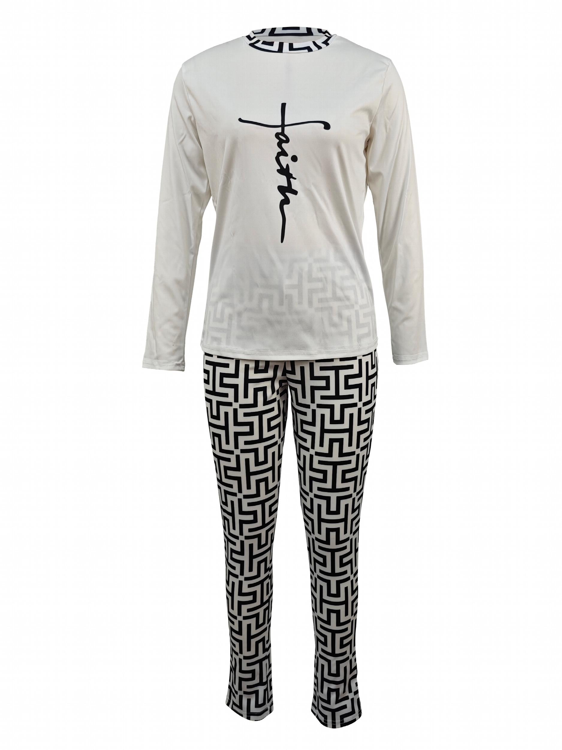 Faith Letter Print Workout Set Long Sleeve Top & Print Pants