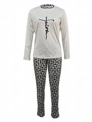 Faith Letter Print Workout Set Long Sleeve Top & Print Pants