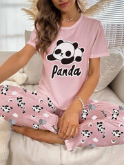 Panda Print Pajama Set Short Sleeve Top & Pants