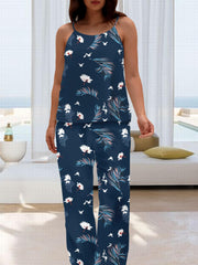 Tropical Print Pajamas Set Women's Round Neck Cami Top & Wide Leg Pant