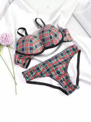 Colorblock Plaid Bra & Panties Lingerie Set