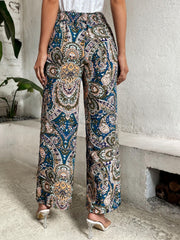 Paisley Print Wide Leg Pants Boho Shirred Waist Pants