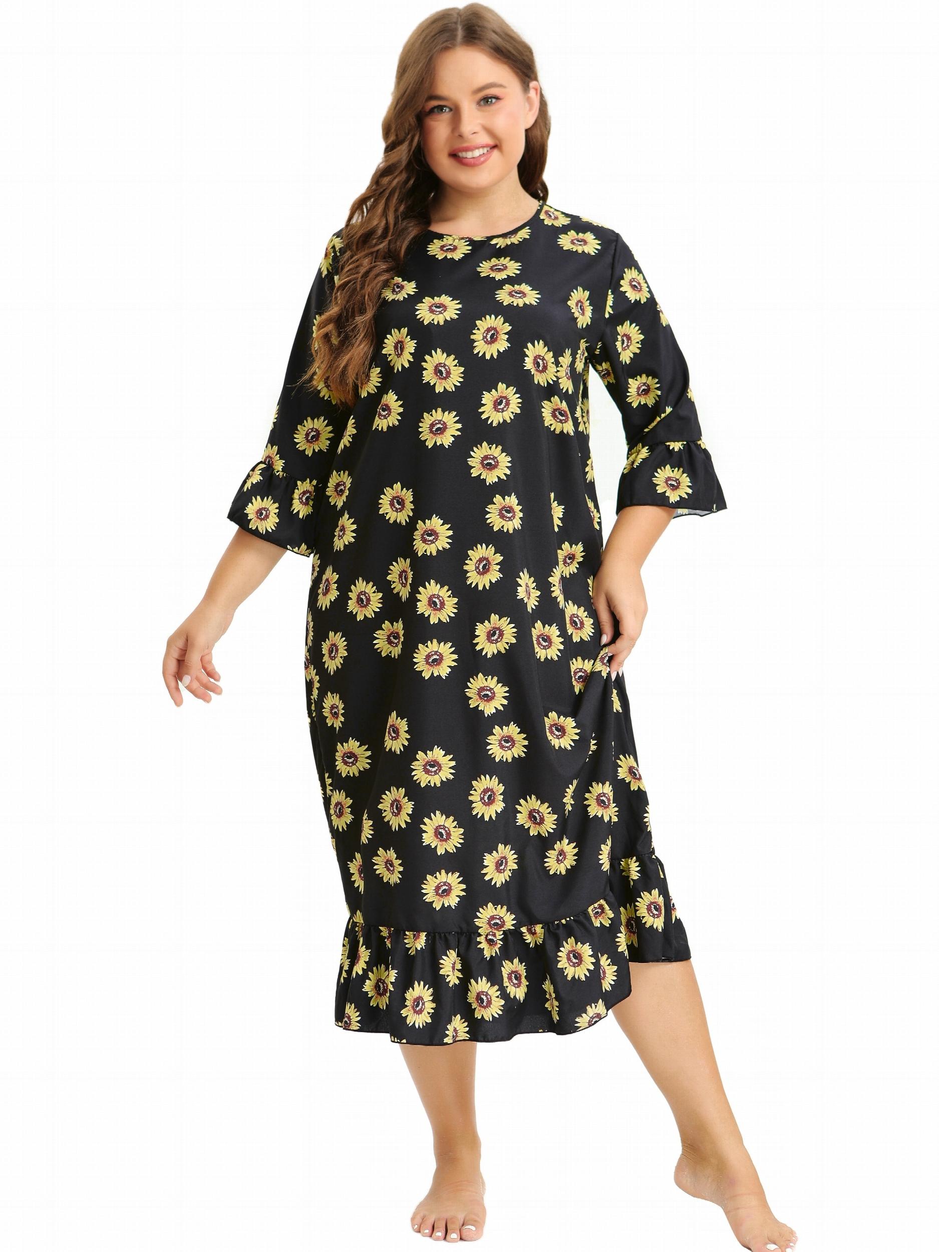 Sunflower Print Ruffle Trim Sleep Dress