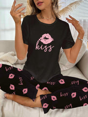 Lips Print Pajama Set Short Sleeve Crew Neck Top & Elastic Waistband Pants