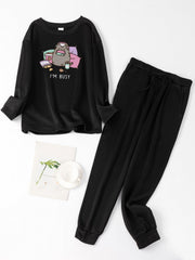 Women's Plus Cat & Slogan Print Fleece Tee & Jogger Pants Set
