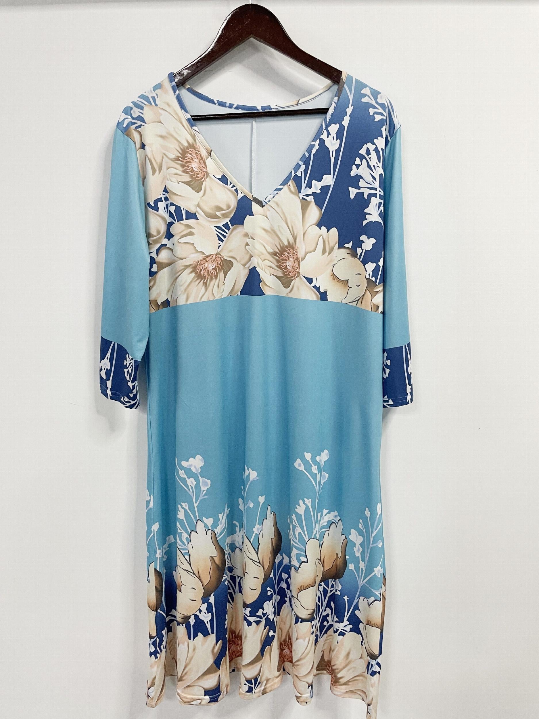 Colorblock Floral Print V-Neck Midi Dress