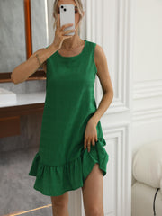 Ruffle Trim Tank Dress Crew Neck Sleeveless Summer Dress