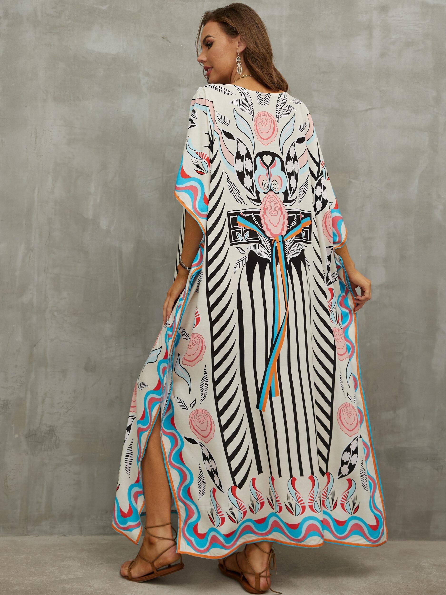 Boho Cover Up Dress Women's Plus Floral Print Bat Sleeve V Neck