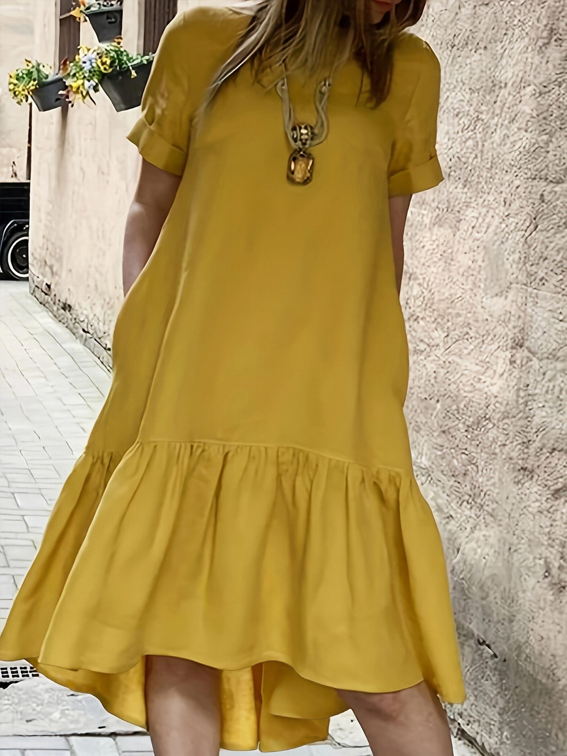 Solid Round Neck Smock Dress With Pockets