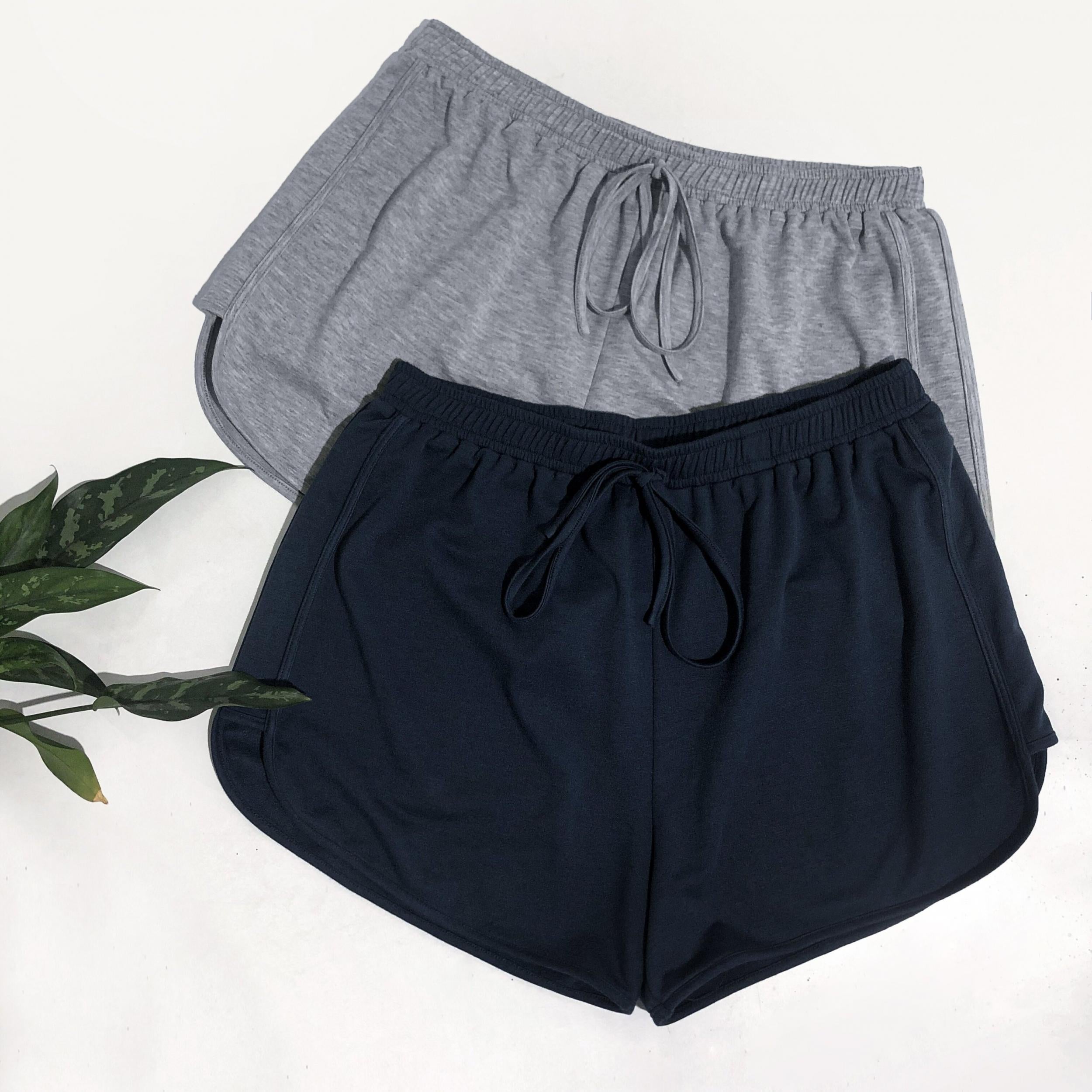 2 Pcs Plus Size Basic Shorts Set - Women's Plus Solid Drawstring Elastic