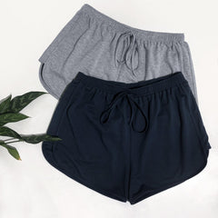 2 Pcs Plus Size Basic Shorts Set - Women's Plus Solid Drawstring Elastic