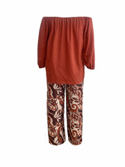 Solid One Shoulder Top & Paisley Print Pants 2 Piece Set