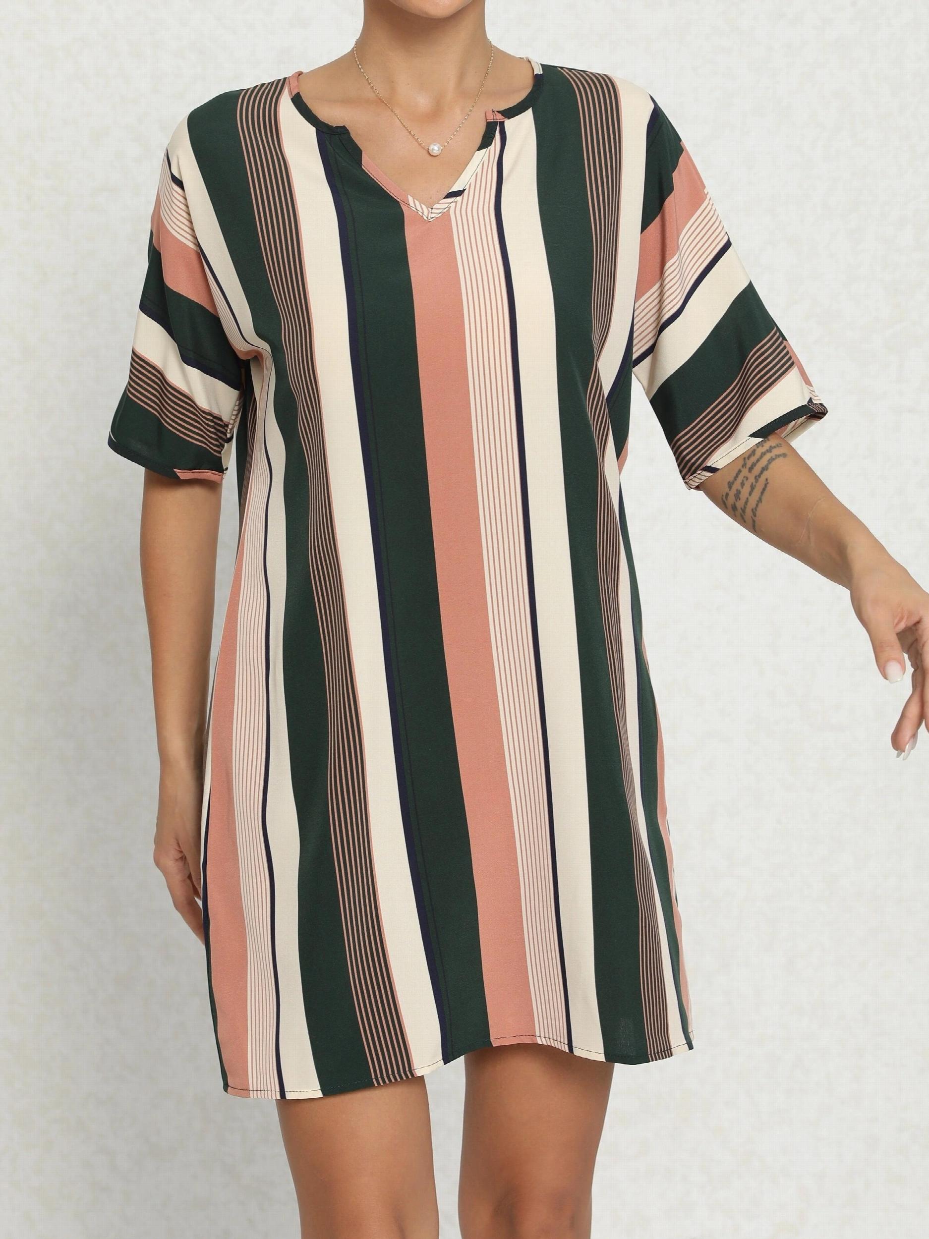 Stripe Print Batwing Sleeve Notched Neck Mini Dress