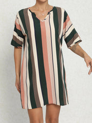 Stripe Print Batwing Sleeve Notched Neck Mini Dress