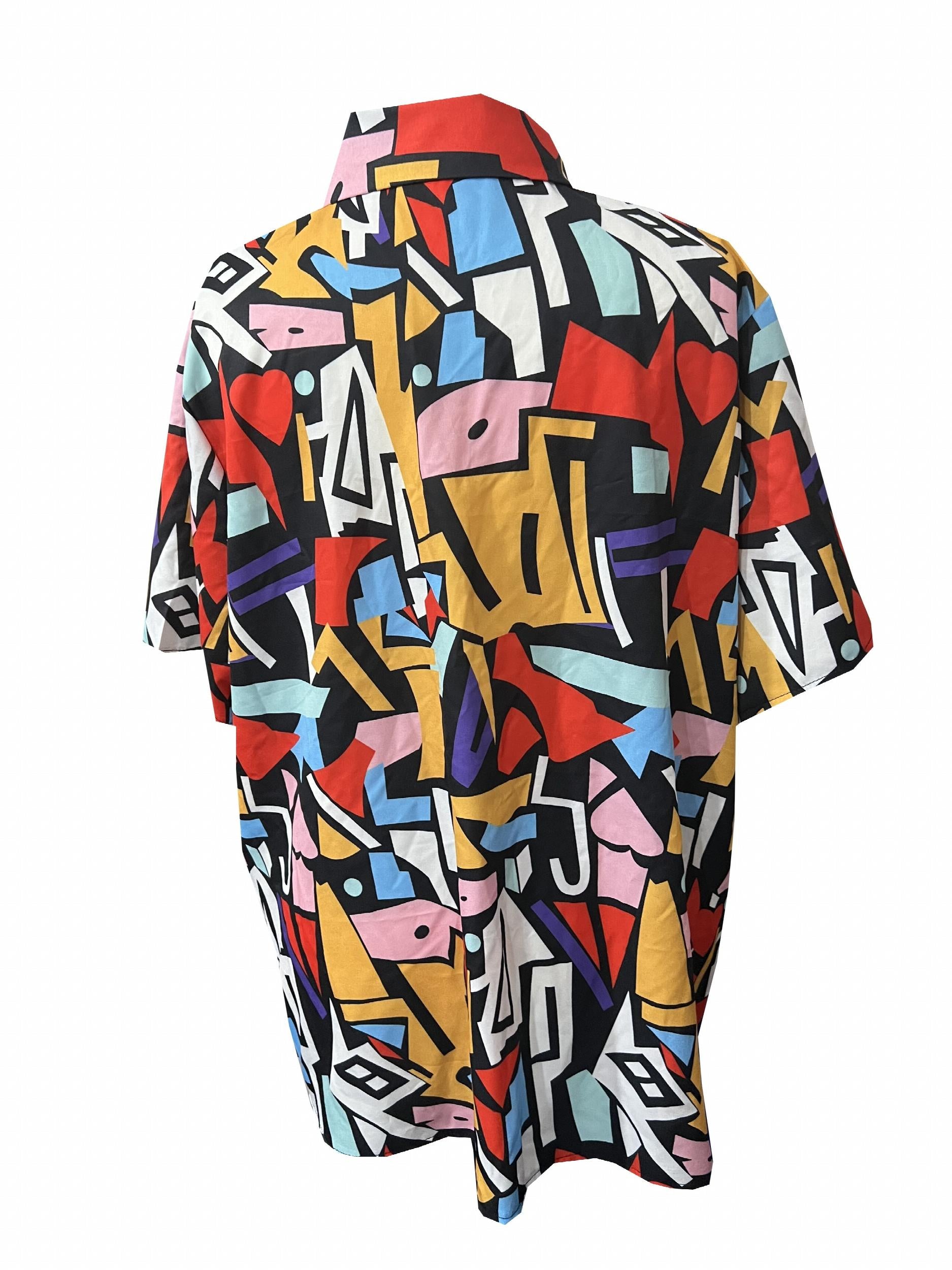 Colorblock Geometric Print Button Up Blouse