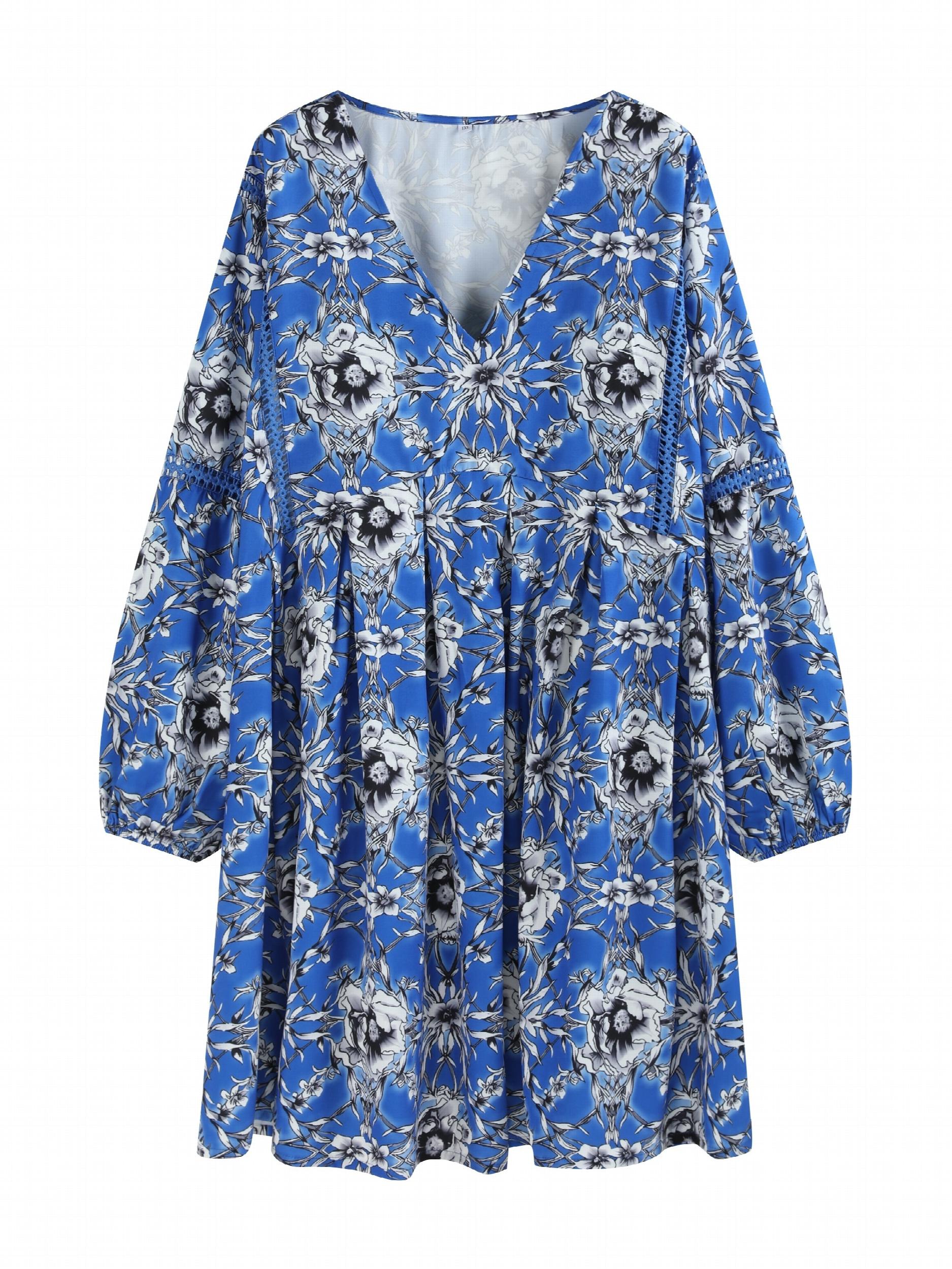 Floral Print Lantern Sleeve V Neck Mini Dress