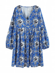 Floral Print Lantern Sleeve V Neck Mini Dress