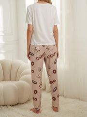 Coffee Print Pajama Set Short Sleeve Top & Pants Women's Sleepwear