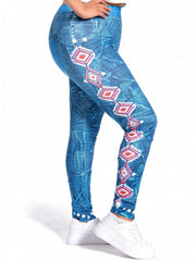 Women's Plus Geometric & Denim Print Skinny Leggings