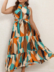 Colorblock Geometric Print Halter Maxi Dress With Belt