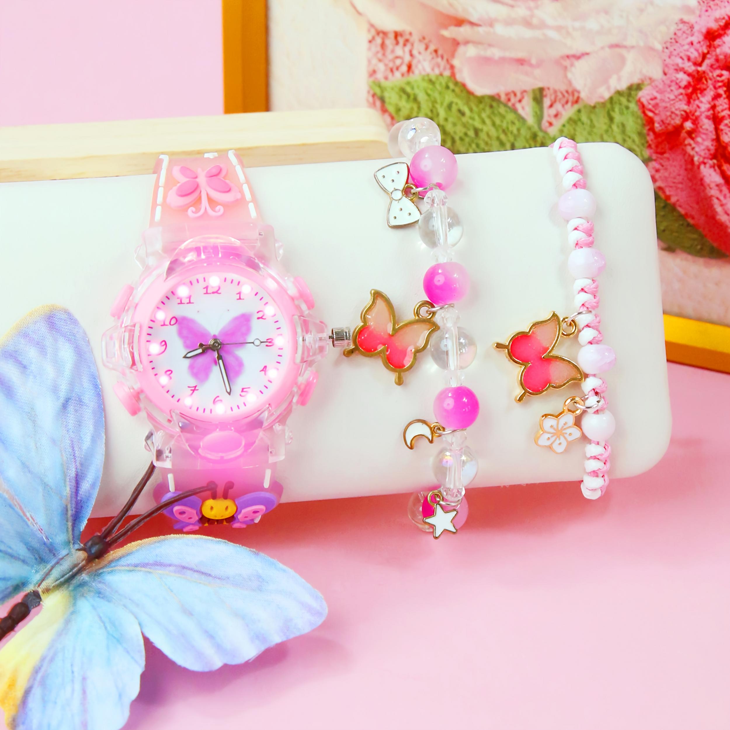 3pcs Girls' Pink & Clear Quartz Watch & Jewelry Set, Heart & Butterfly Bracelets