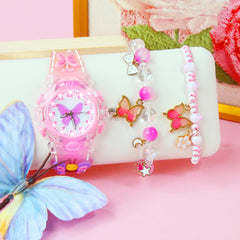 3pcs Girls' Pink & Clear Quartz Watch & Jewelry Set, Heart & Butterfly Bracelets