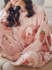 Bear Print Pajama Set Long Sleeve Top & Pants Women's Sleepwear