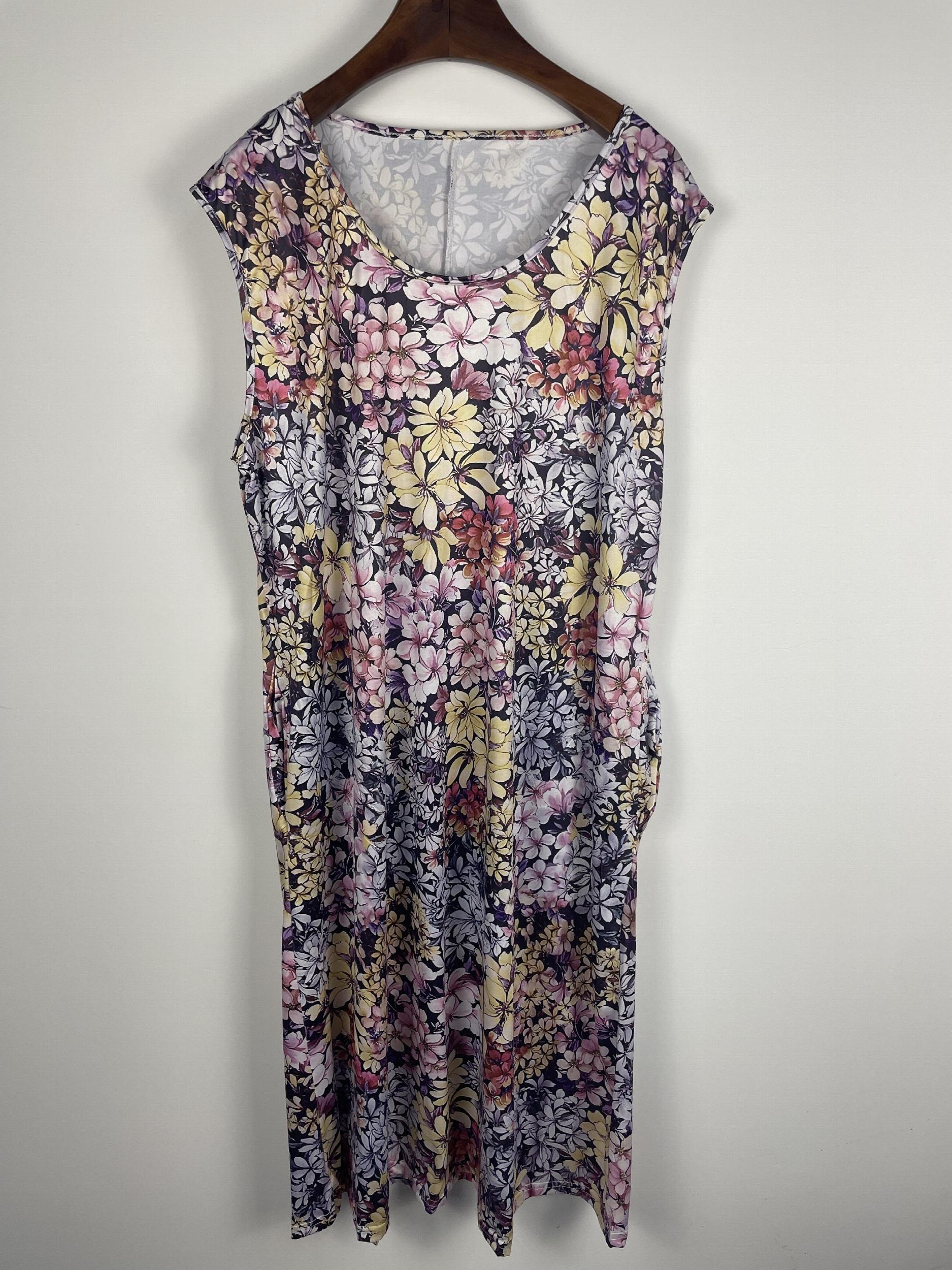 Floral Print Tank Dress Round Neck Slight Stretch