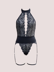 Floral Lace Plunging Teddy Halter Backless Bodysuit