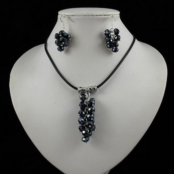 Black Leather Crystal Grape Necklace Set