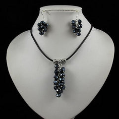 Black Leather Crystal Grape Necklace Set