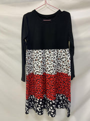 Colorblock Leopard Print Long Sleeve Round Neck Knee Length Dress
