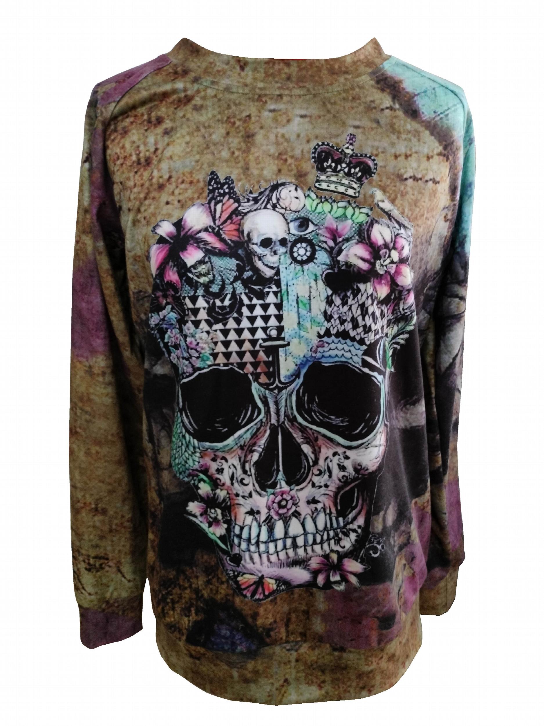 Skull & Floral Print Pullover Sweatshirt for Women