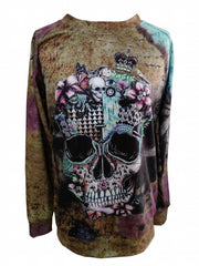 Skull & Floral Print Pullover Sweatshirt for Women