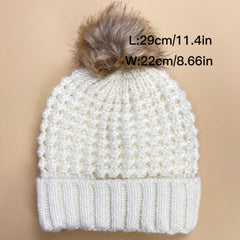 Gray Pom Pom Decor Beanie Ribbed Knitted Knit Hat Thick Warm Ski Hats For Women