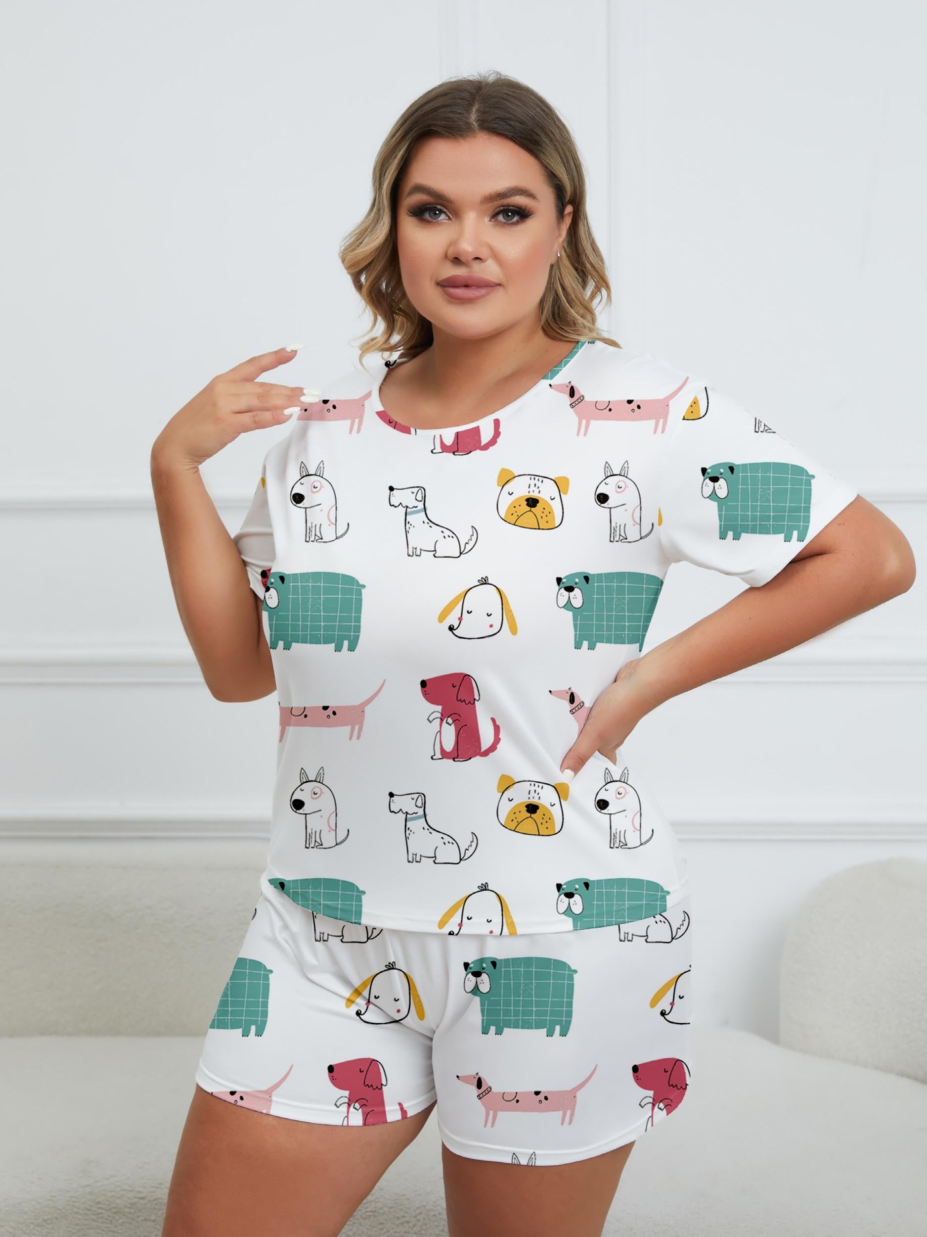 Dog Print Tee & Shorts Set Women's Pajama 2 Piece