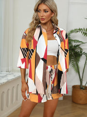 Casual Block 2pc Set Shirt & Drawstring Shorts Outfits Women's Clothing