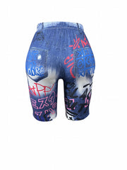 Graffiti & Denim Print High Waist Summer Casual Shorts