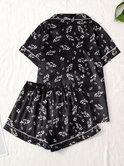 Flower Print Satin Pajama Set Comfy Short Sleeve Pocket Lapel Top & Bow Shorts