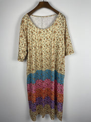 Colorblock Floral Print Round Neck Dress With Pockets